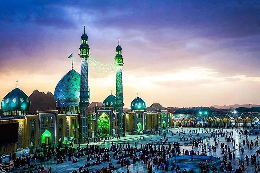 Iran Ziyarat – turquoise-domed shrine in Mashhad at dusk